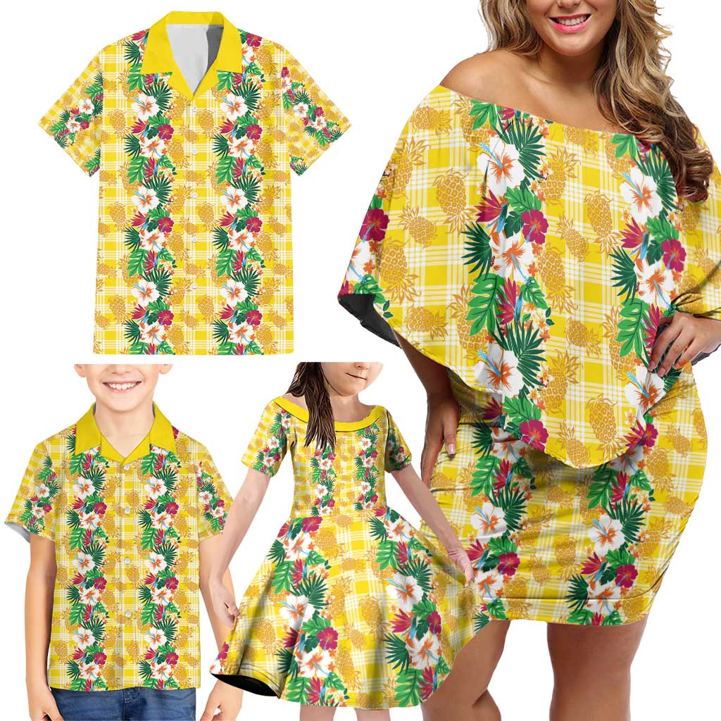 Hawaiian Palaka Family Matching Off Shoulder Short Dress and Hawaiian Shirt Hibiscus Pineapple Lei - Polynesian Pride
