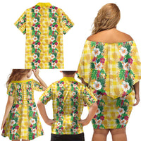 Hawaiian Palaka Family Matching Off Shoulder Short Dress and Hawaiian Shirt Hibiscus Pineapple Lei - Polynesian Pride