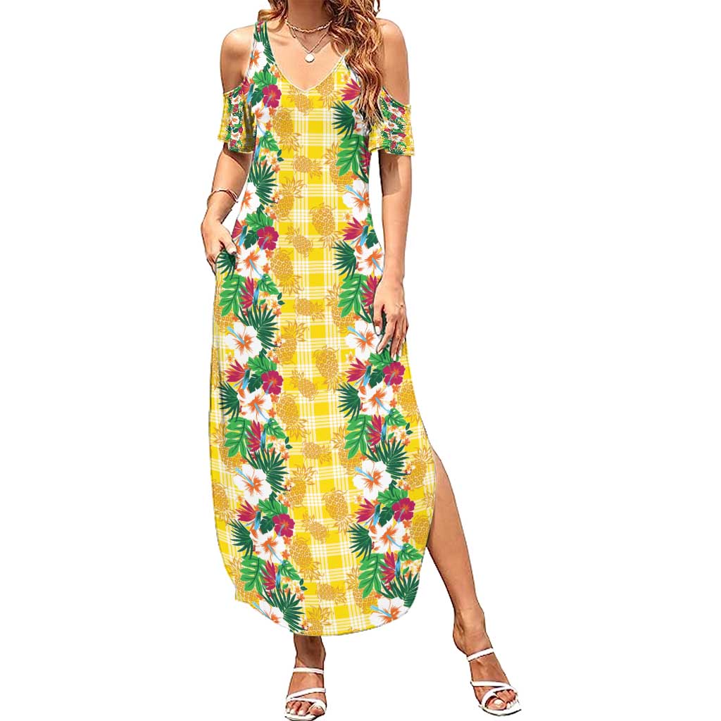 Hawaiian Palaka Family Matching Summer Maxi Dress and Hawaiian Shirt Hibiscus Pineapple Lei - Polynesian Pride