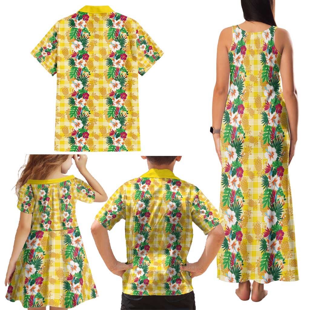 Hawaiian Palaka Family Matching Tank Maxi Dress and Hawaiian Shirt Hibiscus Pineapple Lei - Polynesian Pride