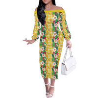 Hawaiian Palaka Off The Shoulder Long Sleeve Dress Hibiscus Pineapple Lei - Polynesian Pride