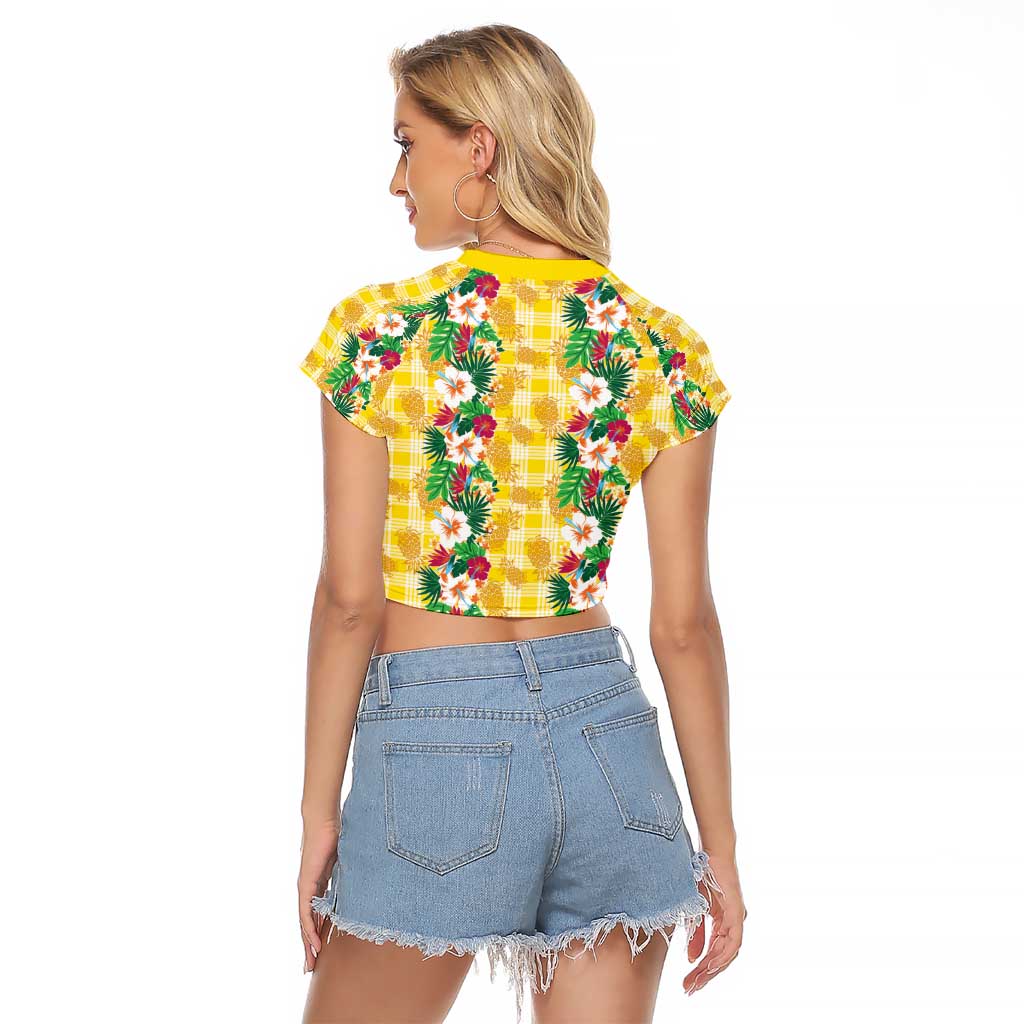 Hawaiian Palaka Raglan Cropped T Shirt Hibiscus Pineapple Lei - Polynesian Pride