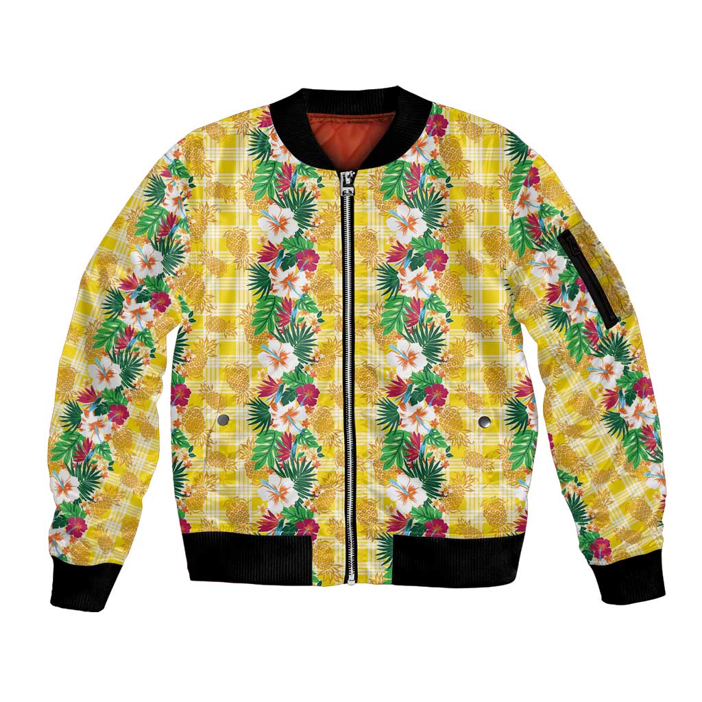 Hawaiian Palaka Sleeve Zip Bomber Jacket Hibiscus Pineapple Lei - Polynesian Pride