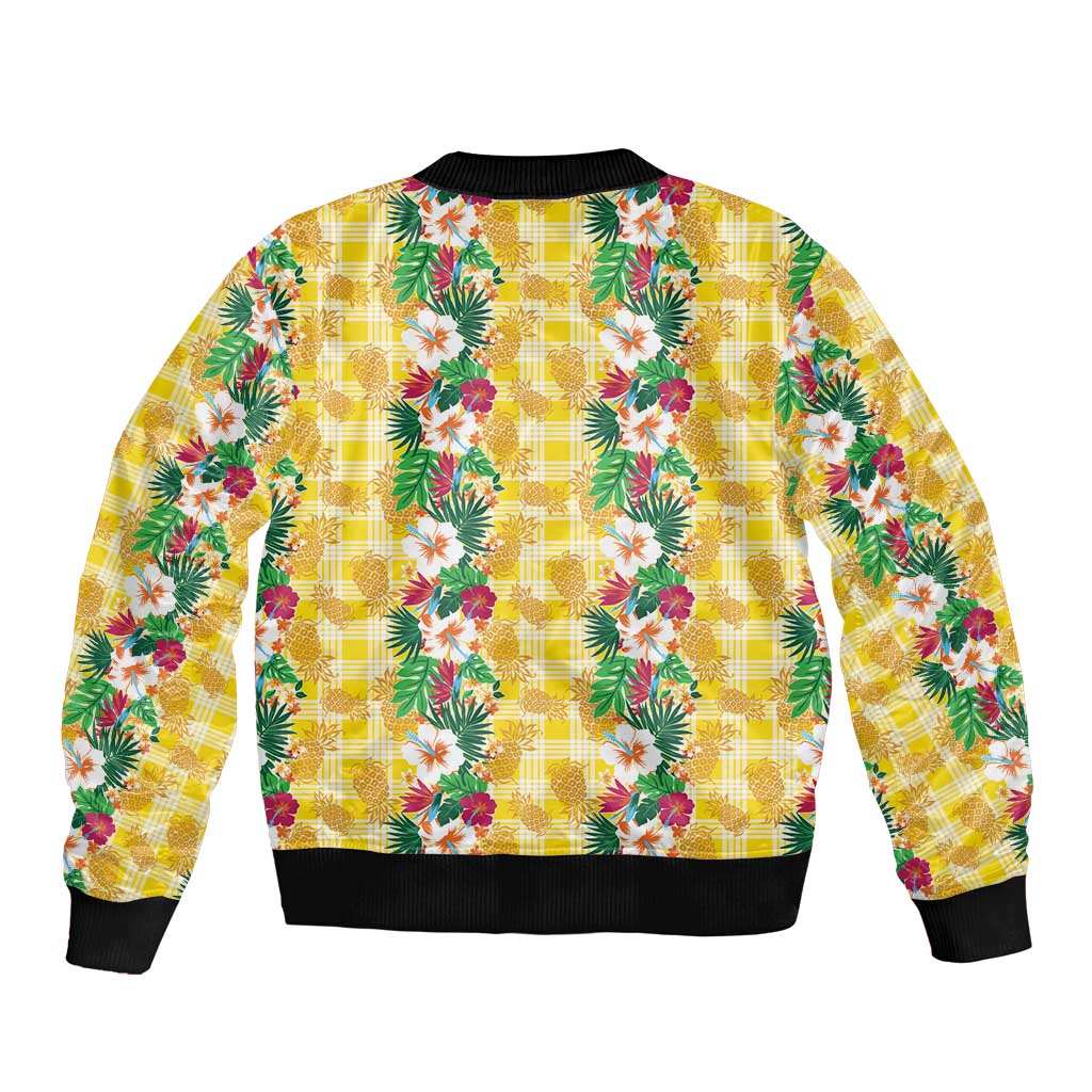 Hawaiian Palaka Sleeve Zip Bomber Jacket Hibiscus Pineapple Lei - Polynesian Pride