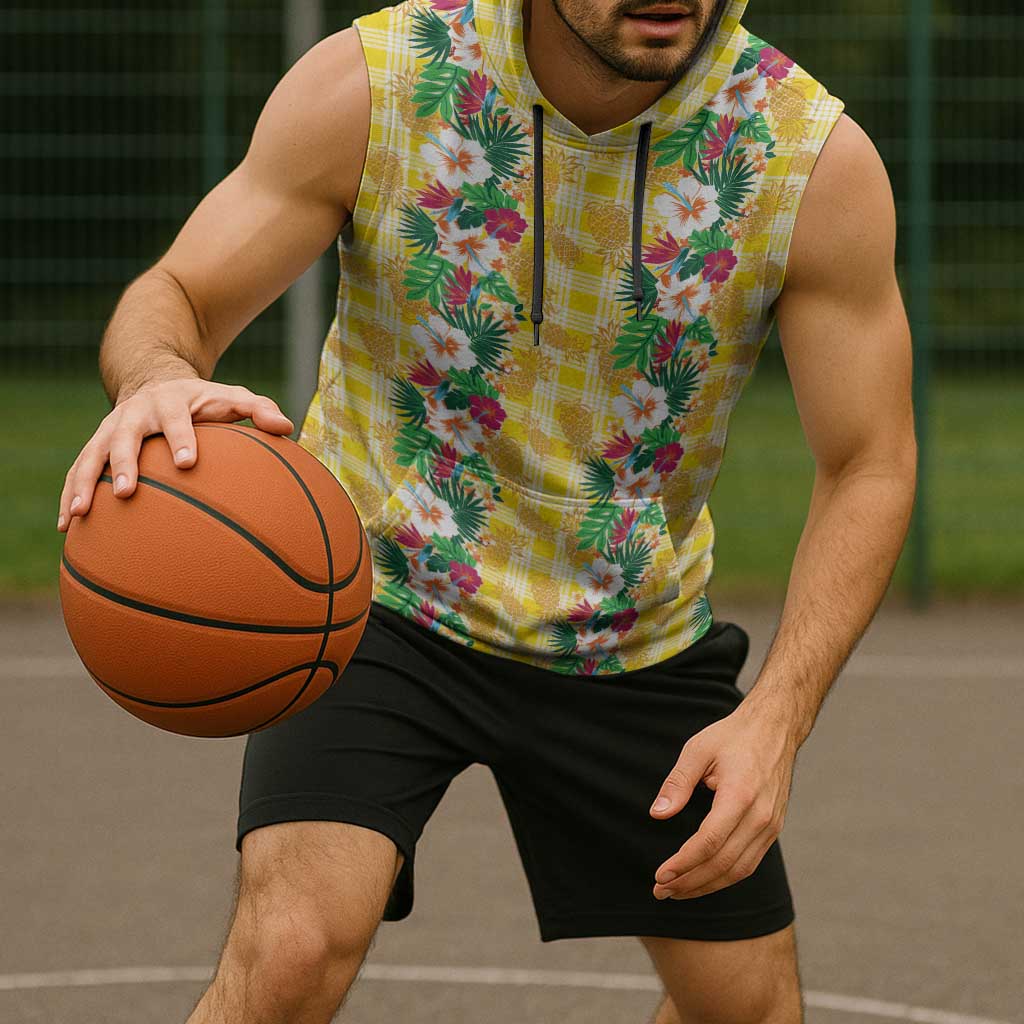 Hawaiian Palaka Sleeveless Hoodie Hibiscus Pineapple Lei - Polynesian Pride