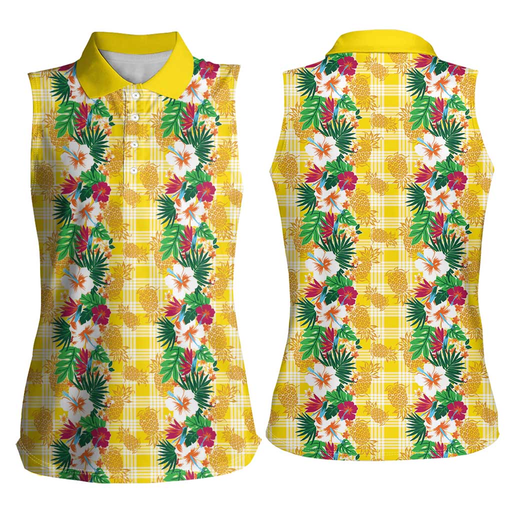 Hawaiian Palaka Women Sleeveless Polo Shirt Hibiscus Pineapple Lei - Polynesian Pride