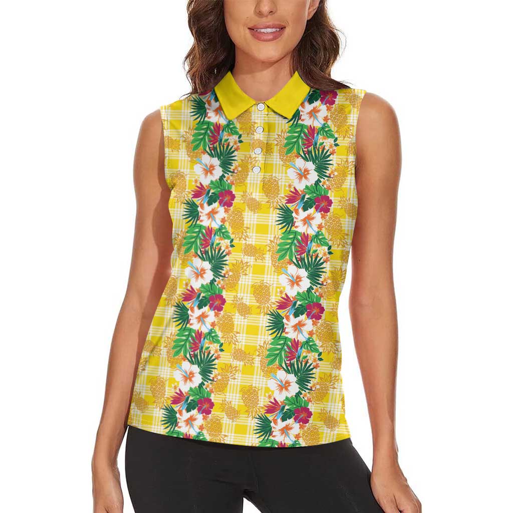Hawaiian Palaka Women Sleeveless Polo Shirt Hibiscus Pineapple Lei - Polynesian Pride