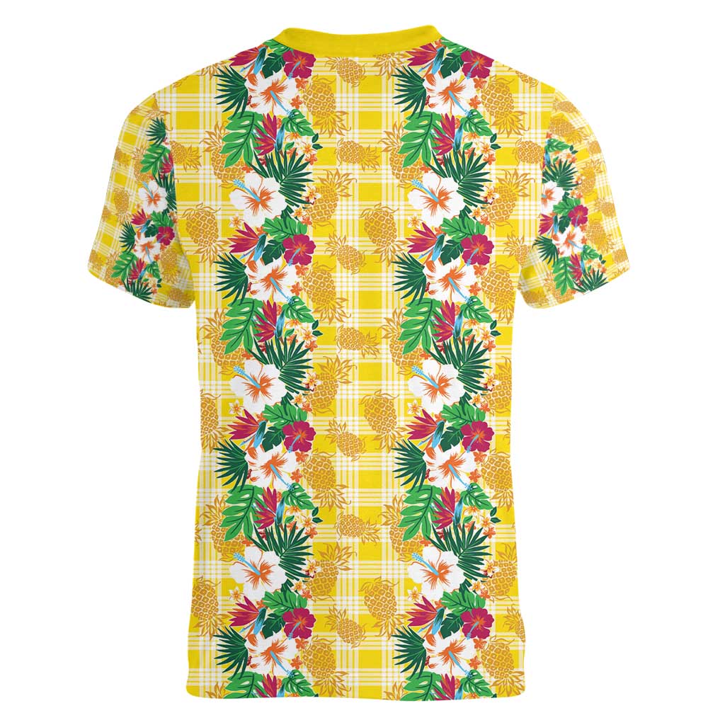 Hawaiian Palaka Women V-Neck T-Shirt Hibiscus Pineapple Lei - Polynesian Pride