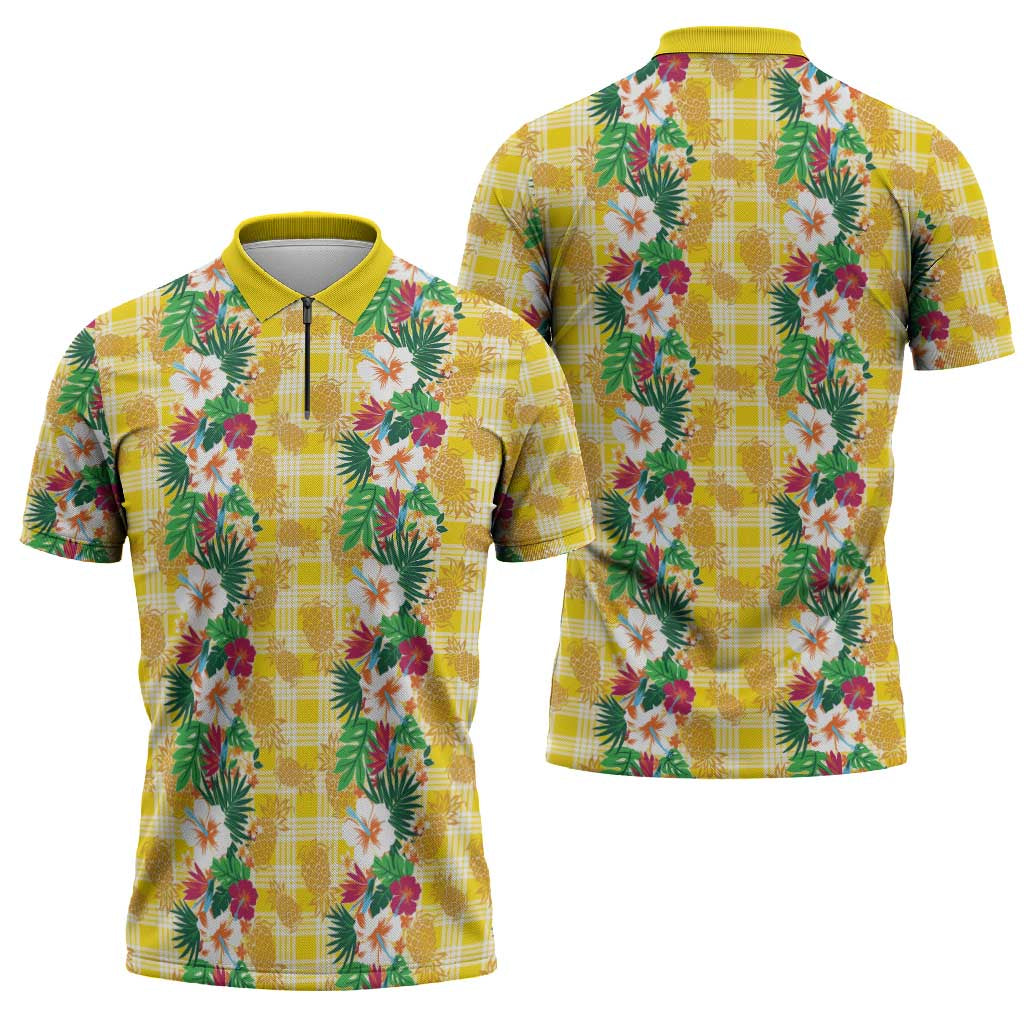 Hawaiian Palaka Zipper Polo Shirt Hibiscus Pineapple Lei - Polynesian Pride