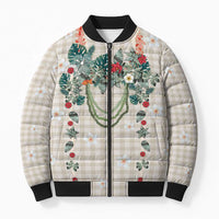 Brown Hawaiian Palaka Bomber Puffer Jacket Kukui Nut Money Lei - Polynesian Pride