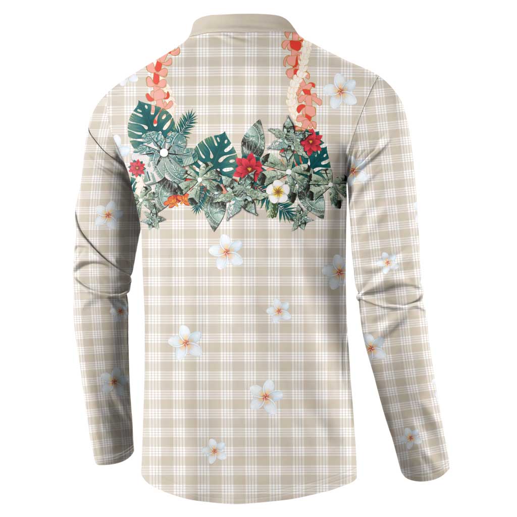 Brown Hawaiian Palaka Button Sweatshirt Kukui Nut Money Lei - Polynesian Pride