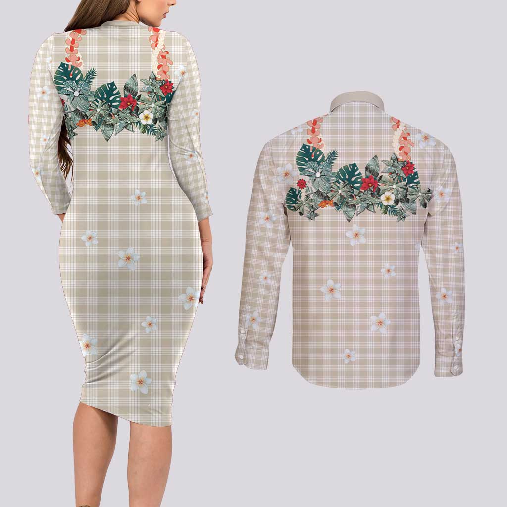 Brown Hawaiian Palaka Couples Matching Long Sleeve Bodycon Dress and Long Sleeve Button Shirt Kukui Nut Money Lei - Polynesian Pride