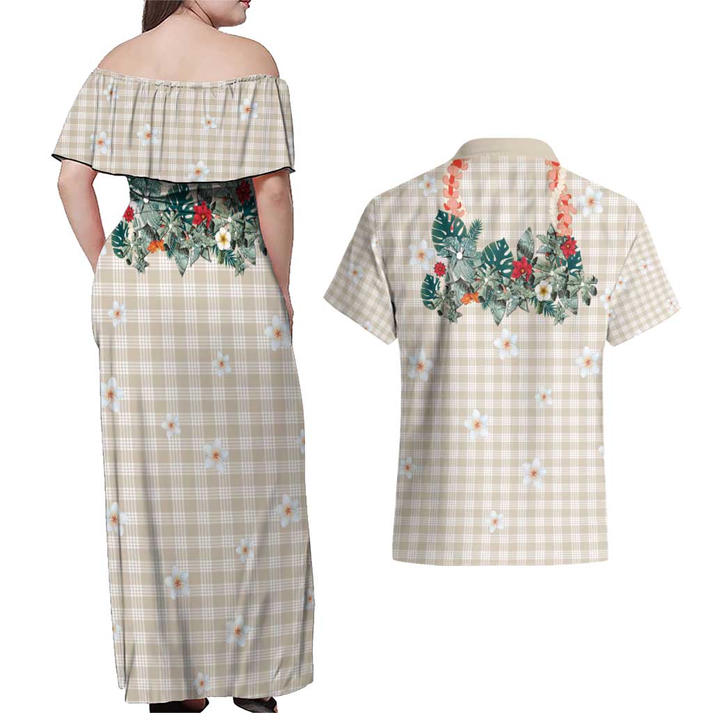 Brown Hawaiian Palaka Couples Matching Off Shoulder Maxi Dress and Hawaiian Shirt Kukui Nut Money Lei - Polynesian Pride