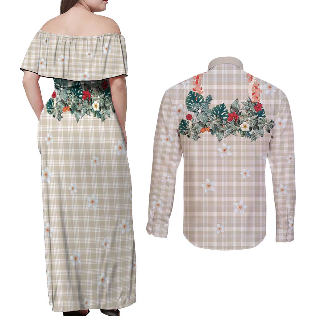 Brown Hawaiian Palaka Couples Matching Off Shoulder Maxi Dress and Long Sleeve Button Shirt Kukui Nut Money Lei - Polynesian Pride