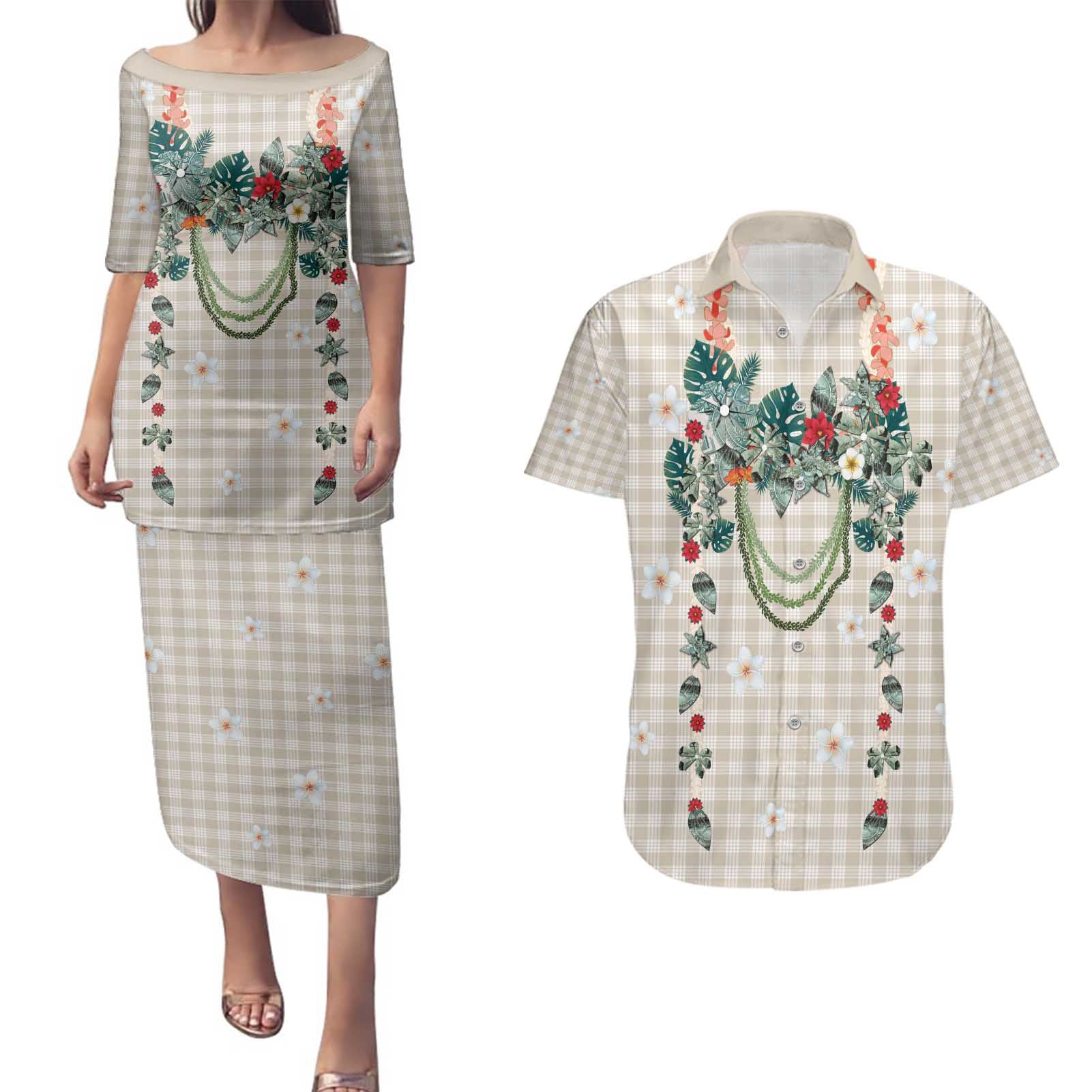 Brown Hawaiian Palaka Couples Matching Puletasi and Hawaiian Shirt Kukui Nut Money Lei - Polynesian Pride