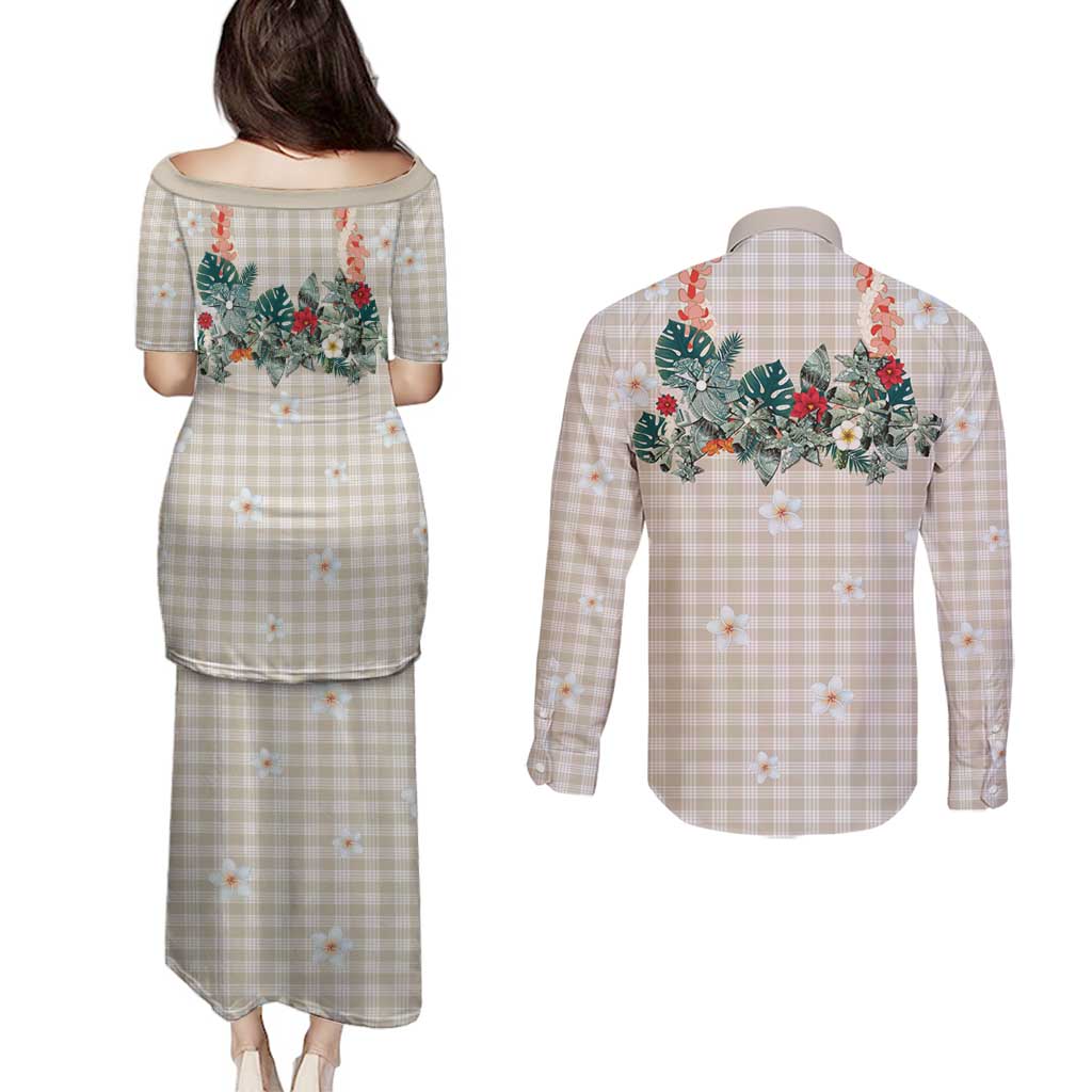 Brown Hawaiian Palaka Couples Matching Puletasi and Long Sleeve Button Shirt Kukui Nut Money Lei - Polynesian Pride