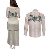 Brown Hawaiian Palaka Couples Matching Puletasi and Long Sleeve Button Shirt Kukui Nut Money Lei - Polynesian Pride