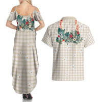 Brown Hawaiian Palaka Couples Matching Summer Maxi Dress and Hawaiian Shirt Kukui Nut Money Lei - Polynesian Pride