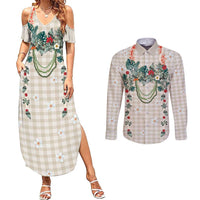 Brown Hawaiian Palaka Couples Matching Summer Maxi Dress and Long Sleeve Button Shirt Kukui Nut Money Lei - Polynesian Pride