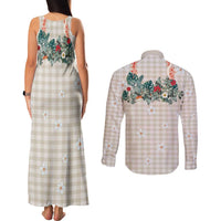 Brown Hawaiian Palaka Couples Matching Tank Maxi Dress and Long Sleeve Button Shirt Kukui Nut Money Lei - Polynesian Pride