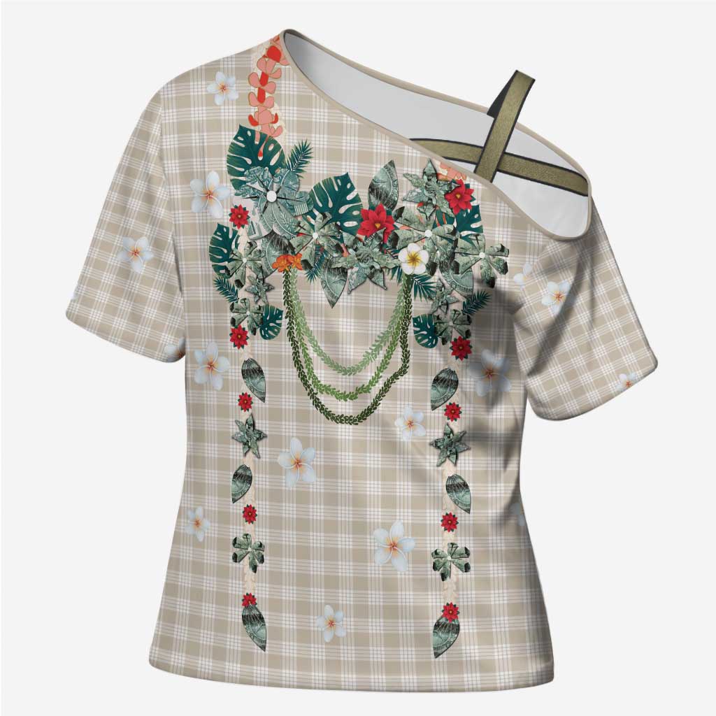 Brown Hawaiian Palaka Cross Shoulder Shirt Kukui Nut Money Lei - Polynesian Pride