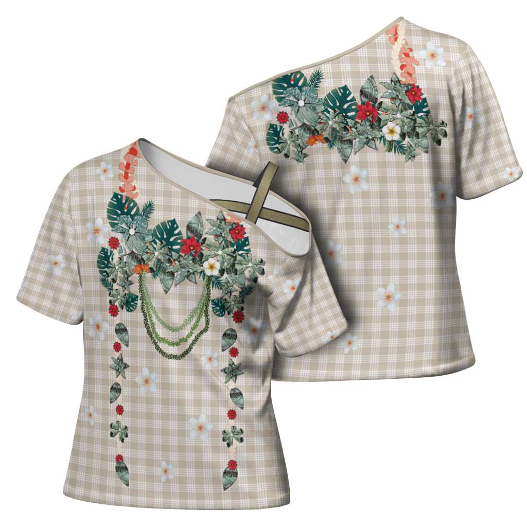 Brown Hawaiian Palaka Cross Shoulder Shirt Kukui Nut Money Lei - Polynesian Pride