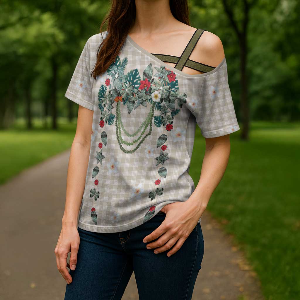 Brown Hawaiian Palaka Cross Shoulder Shirt Kukui Nut Money Lei - Polynesian Pride