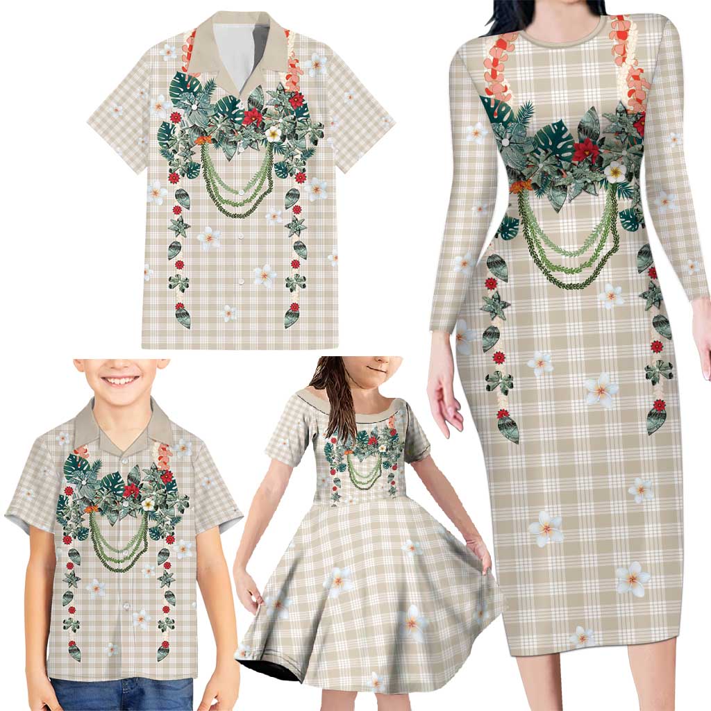 Brown Hawaiian Palaka Family Matching Long Sleeve Bodycon Dress and Hawaiian Shirt Kukui Nut Money Lei - Polynesian Pride