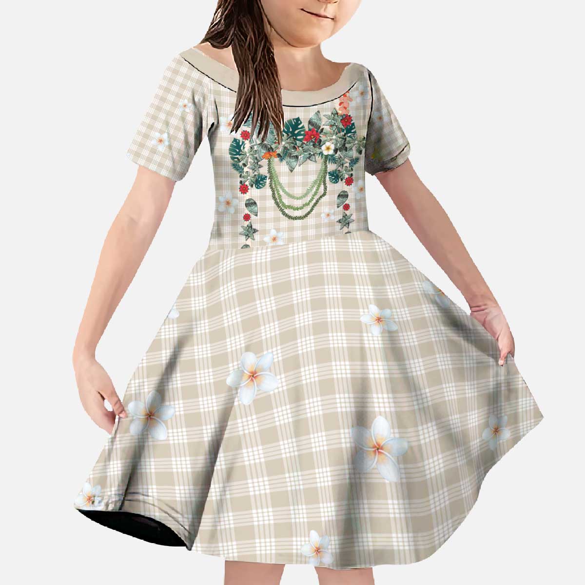 Brown Hawaiian Palaka Family Matching Off The Shoulder Long Sleeve Dress and Hawaiian Shirt Kukui Nut Money Lei - Polynesian Pride