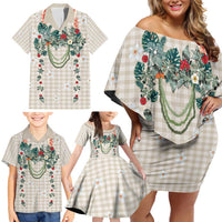 Brown Hawaiian Palaka Family Matching Off Shoulder Short Dress and Hawaiian Shirt Kukui Nut Money Lei - Polynesian Pride
