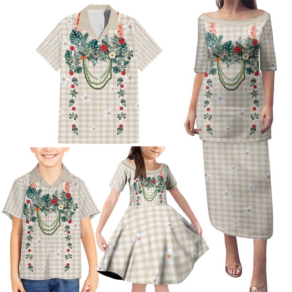 Brown Hawaiian Palaka Family Matching Puletasi and Hawaiian Shirt Kukui Nut Money Lei - Polynesian Pride