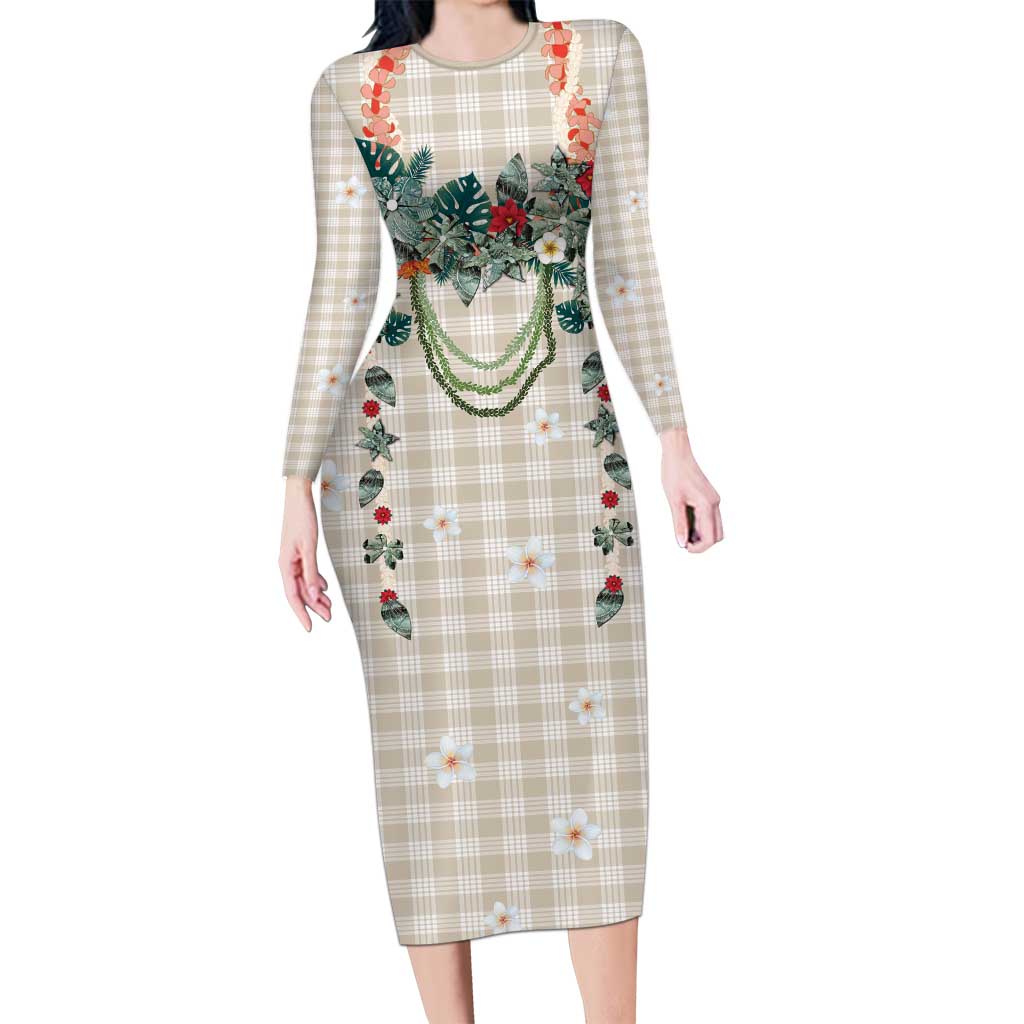 Brown Hawaiian Palaka Long Sleeve Bodycon Dress Kukui Nut Money Lei - Polynesian Pride