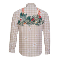 Brown Hawaiian Palaka Long Sleeve Button Shirt Kukui Nut Money Lei - Polynesian Pride