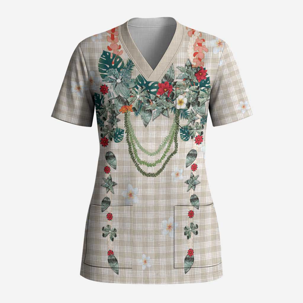 Brown Hawaiian Palaka Scrub Top Kukui Nut Money Lei - Polynesian Pride