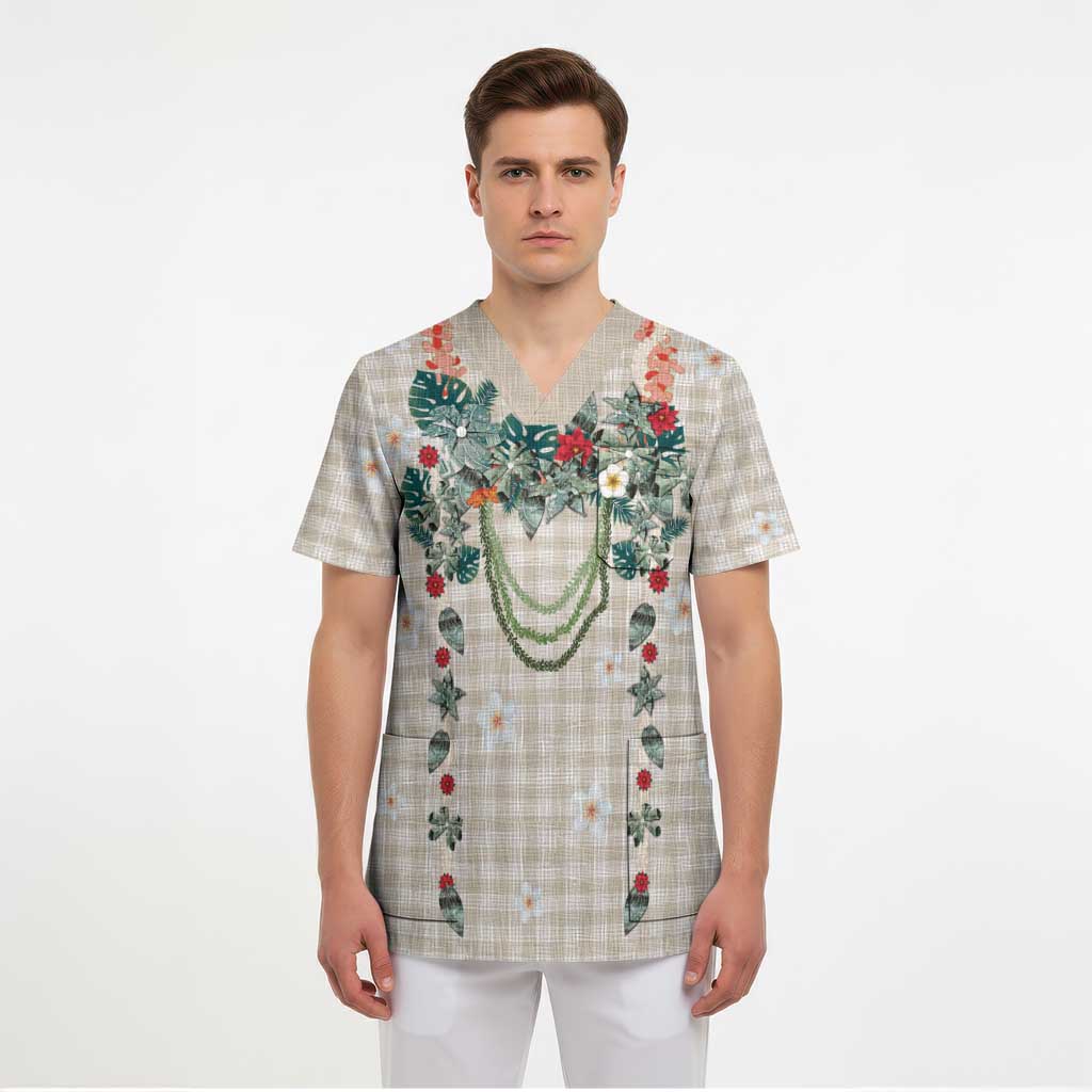 Brown Hawaiian Palaka Scrub Top Kukui Nut Money Lei LT9 - Polynesian Pride