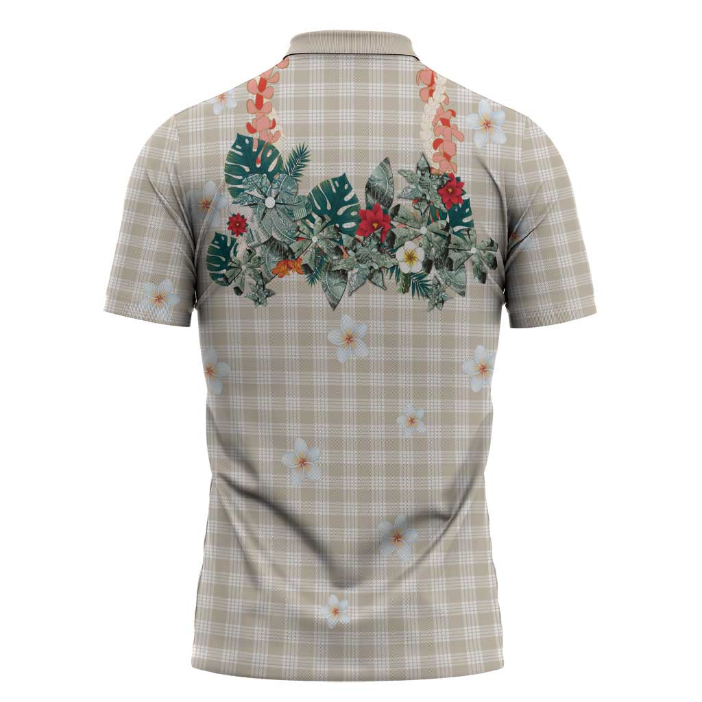 Brown Hawaiian Palaka Zipper Polo Shirt Kukui Nut Money Lei - Polynesian Pride