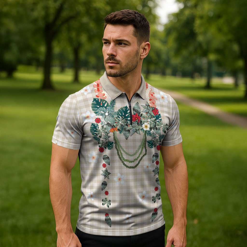 Brown Hawaiian Palaka Zipper Polo Shirt Kukui Nut Money Lei - Polynesian Pride