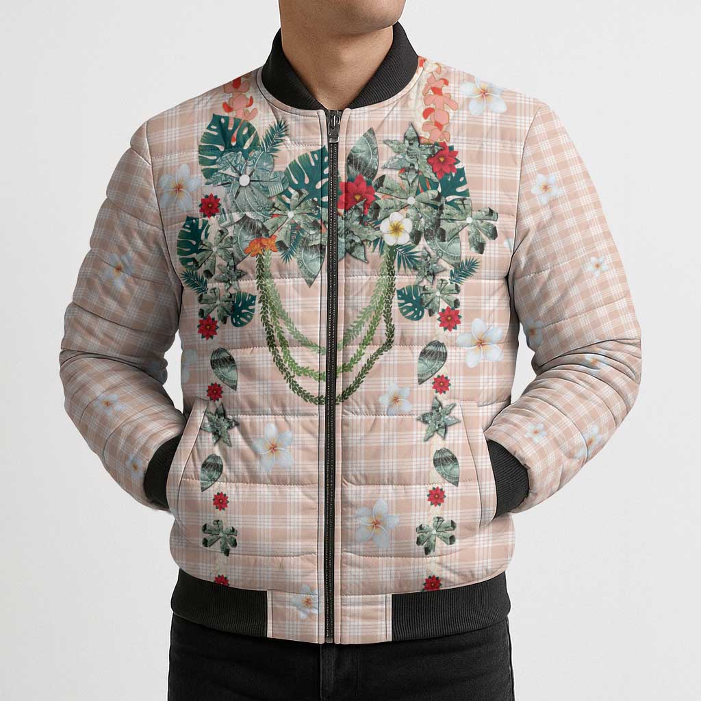 Peach Hawaiian Palaka Bomber Puffer Jacket Kukui Nut Money Lei - Polynesian Pride