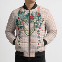 Peach Hawaiian Palaka Bomber Puffer Jacket Kukui Nut Money Lei - Polynesian Pride