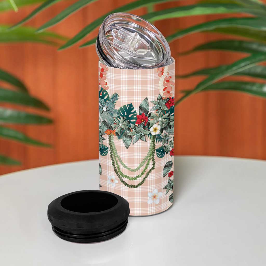 Peach Hawaiian Palaka 4 in 1 Can Cooler Tumbler Kukui Nut Money Lei - Polynesian Pride