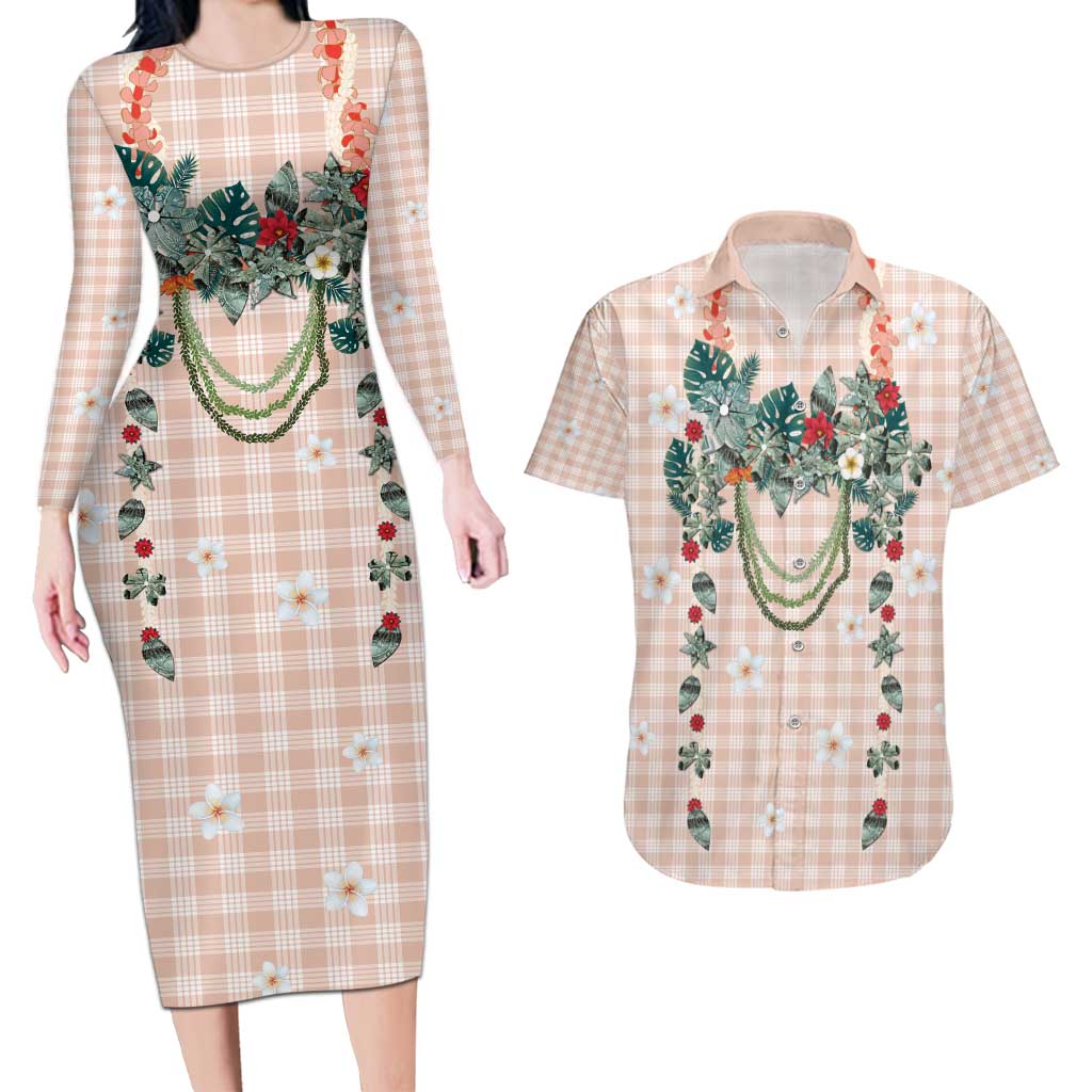 Peach Hawaiian Palaka Couples Matching Long Sleeve Bodycon Dress and Hawaiian Shirt Kukui Nut Money Lei - Polynesian Pride
