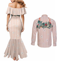 Peach Hawaiian Palaka Couples Matching Mermaid Dress and Long Sleeve Button Shirt Kukui Nut Money Lei - Polynesian Pride