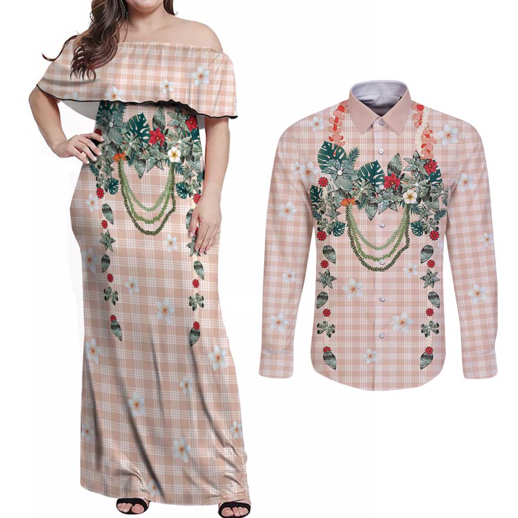 Peach Hawaiian Palaka Couples Matching Off Shoulder Maxi Dress and Long Sleeve Button Shirt Kukui Nut Money Lei - Polynesian Pride