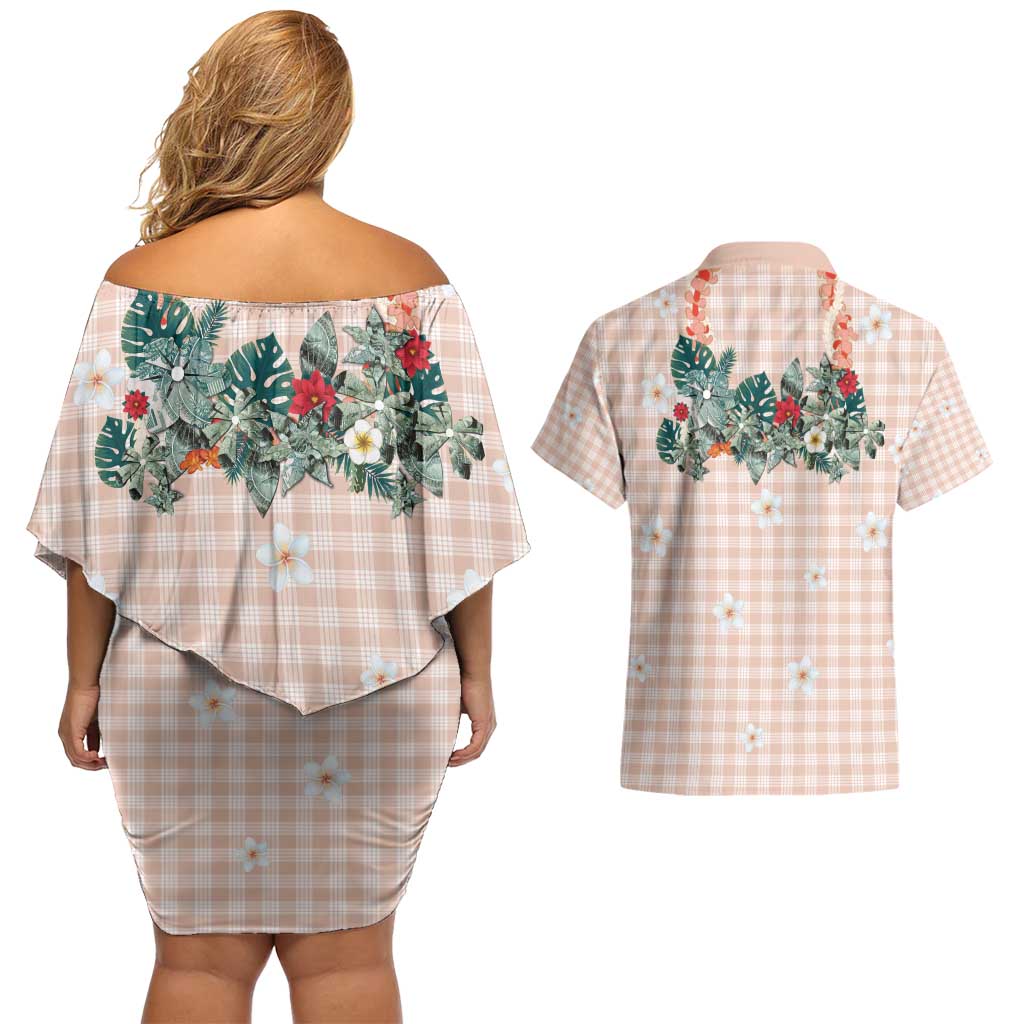 Peach Hawaiian Palaka Couples Matching Off Shoulder Short Dress and Hawaiian Shirt Kukui Nut Money Lei - Polynesian Pride