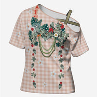 Peach Hawaiian Palaka Cross Shoulder Shirt Kukui Nut Money Lei - Polynesian Pride