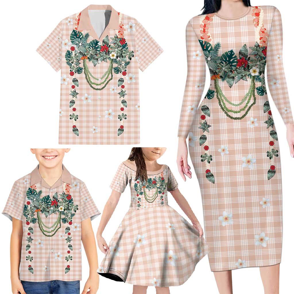 Peach Hawaiian Palaka Family Matching Long Sleeve Bodycon Dress and Hawaiian Shirt Kukui Nut Money Lei - Polynesian Pride
