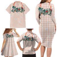 Peach Hawaiian Palaka Family Matching Long Sleeve Bodycon Dress and Hawaiian Shirt Kukui Nut Money Lei - Polynesian Pride