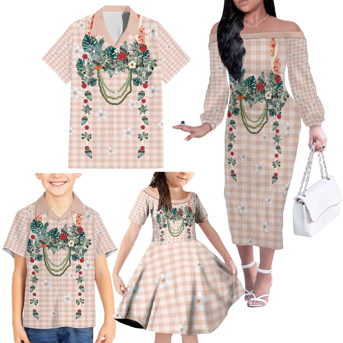 Peach Hawaiian Palaka Family Matching Off The Shoulder Long Sleeve Dress and Hawaiian Shirt Kukui Nut Money Lei - Polynesian Pride