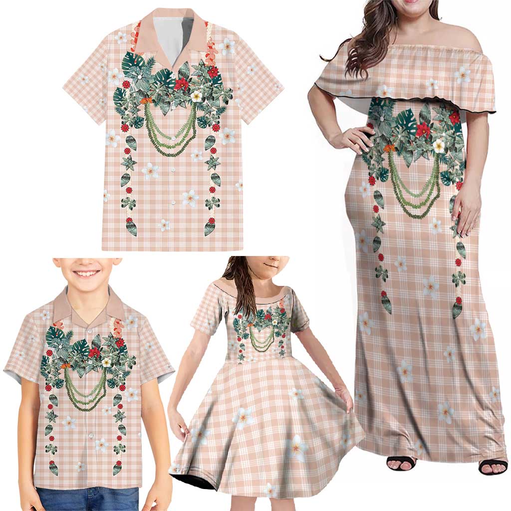 Peach Hawaiian Palaka Family Matching Off Shoulder Maxi Dress and Hawaiian Shirt Kukui Nut Money Lei - Polynesian Pride
