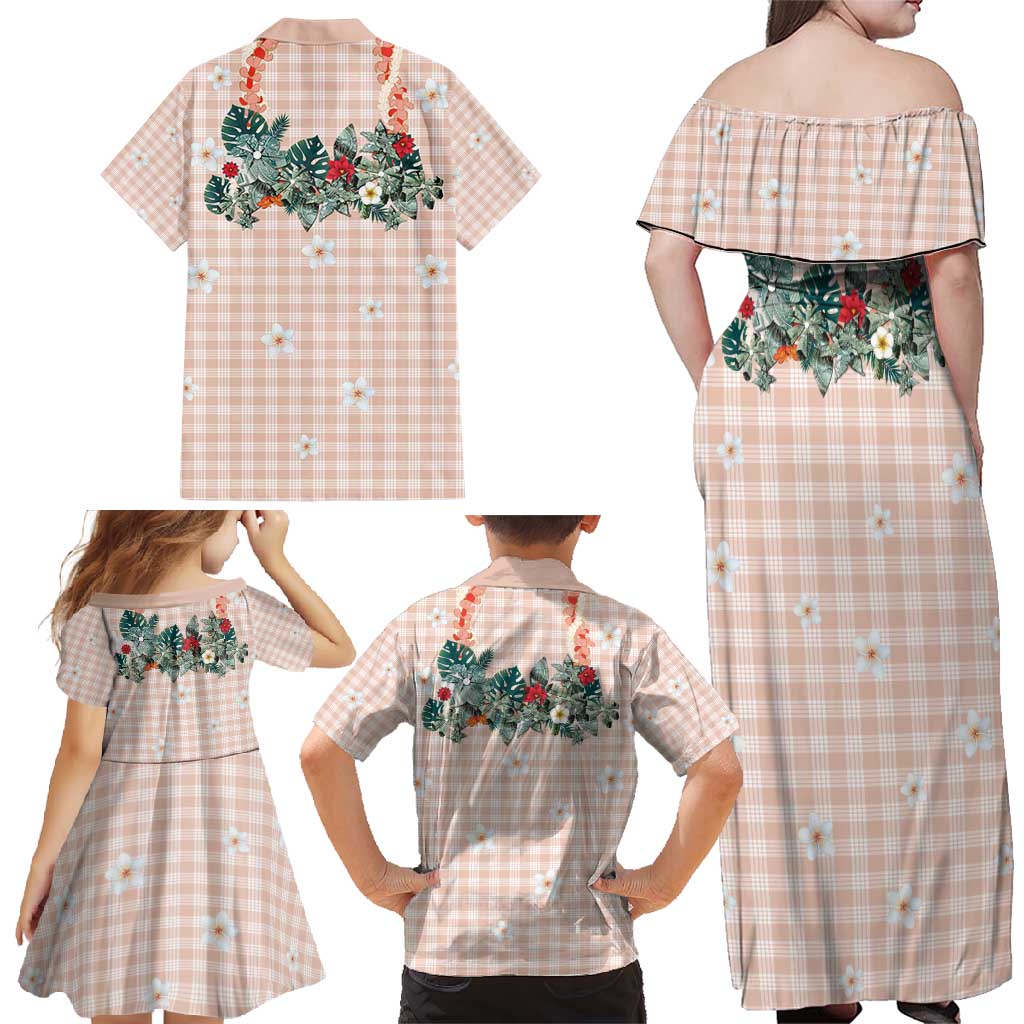 Peach Hawaiian Palaka Family Matching Off Shoulder Maxi Dress and Hawaiian Shirt Kukui Nut Money Lei - Polynesian Pride